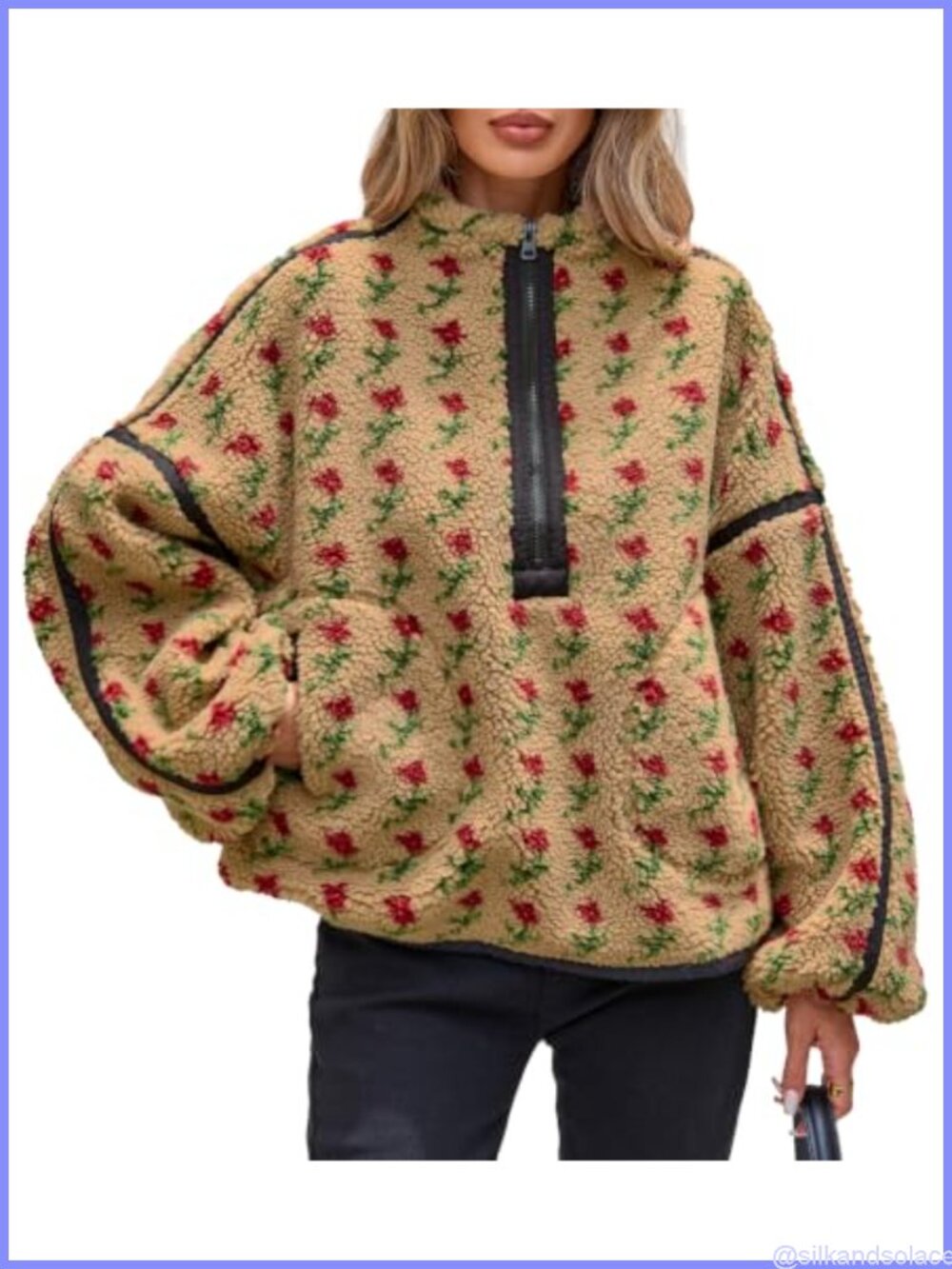 Sherpa Fleece Half Zip Pullover Oversized Floral Jacket Women
